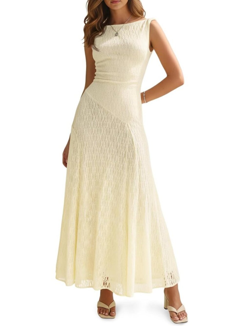 Chic Sleeveless Maxi Dress with Lace Back, Boat Neck Tank for Summer Style